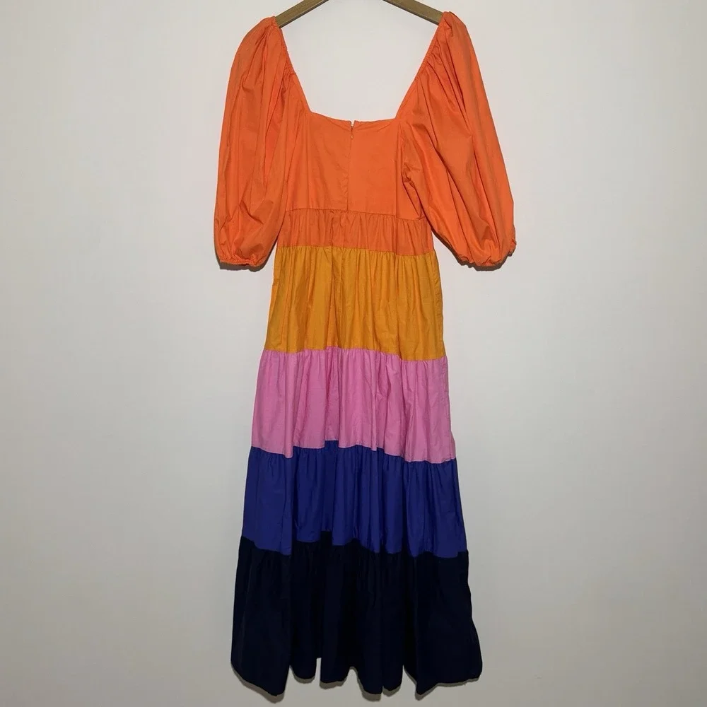 Anthropologie Farm Rio Tiered Colorblocked Maxi Dress Puff Sleeve‎ XS $230 NWT